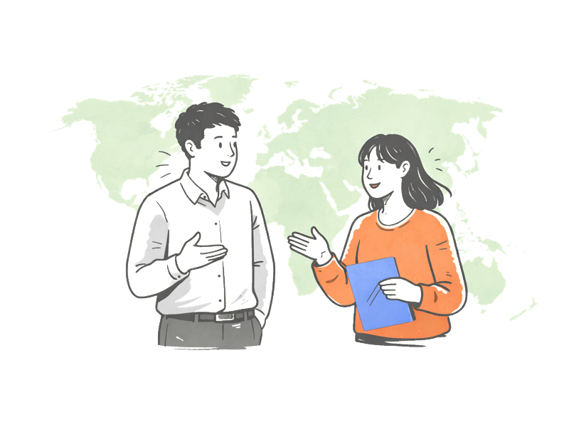 Two translation specialists standing in front of a world map — global certified translation coverage