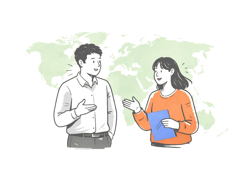Two translation specialists standing in front of a world map — global certified translation coverage