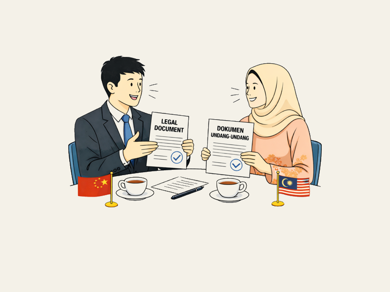 Certified translator and client reviewing legal documents in Chinese and Malay
